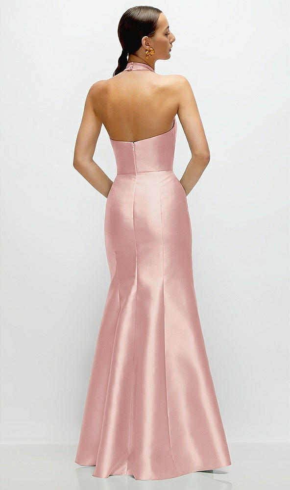 Back View - Rose High-Neck Halter Open-Back Satin Trumpet Dress