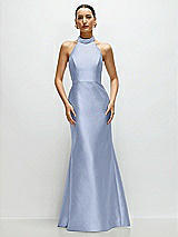 Front View Thumbnail - Sky Blue High-Neck Halter Open-Back Satin Trumpet Dress
