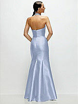 Rear View Thumbnail - Sky Blue High-Neck Halter Open-Back Satin Trumpet Dress