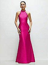 Front View Thumbnail - Think Pink High-Neck Halter Open-Back Satin Trumpet Dress