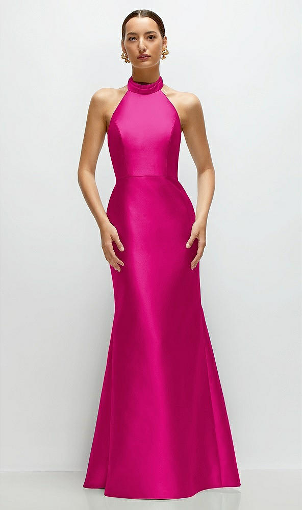 Front View - Think Pink High-Neck Halter Open-Back Satin Trumpet Dress
