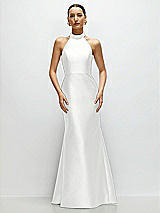 Front View Thumbnail - White High-Neck Halter Open-Back Satin Trumpet Dress