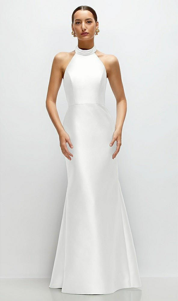 Front View - White High-Neck Halter Open-Back Satin Trumpet Dress