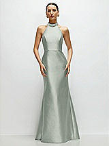 Front View Thumbnail - Willow Green High-Neck Halter Open-Back Satin Trumpet Dress