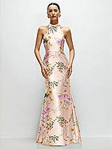 Front View Thumbnail - Butterfly Botanica Pink Sand High-Neck Halter Open-Back Floral Satin Trumpet Dress