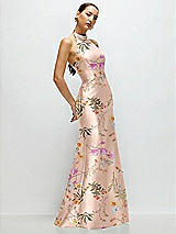 Side View Thumbnail - Butterfly Botanica Pink Sand High-Neck Halter Open-Back Floral Satin Trumpet Dress