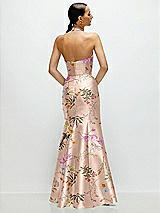 Rear View Thumbnail - Butterfly Botanica Pink Sand High-Neck Halter Open-Back Floral Satin Trumpet Dress