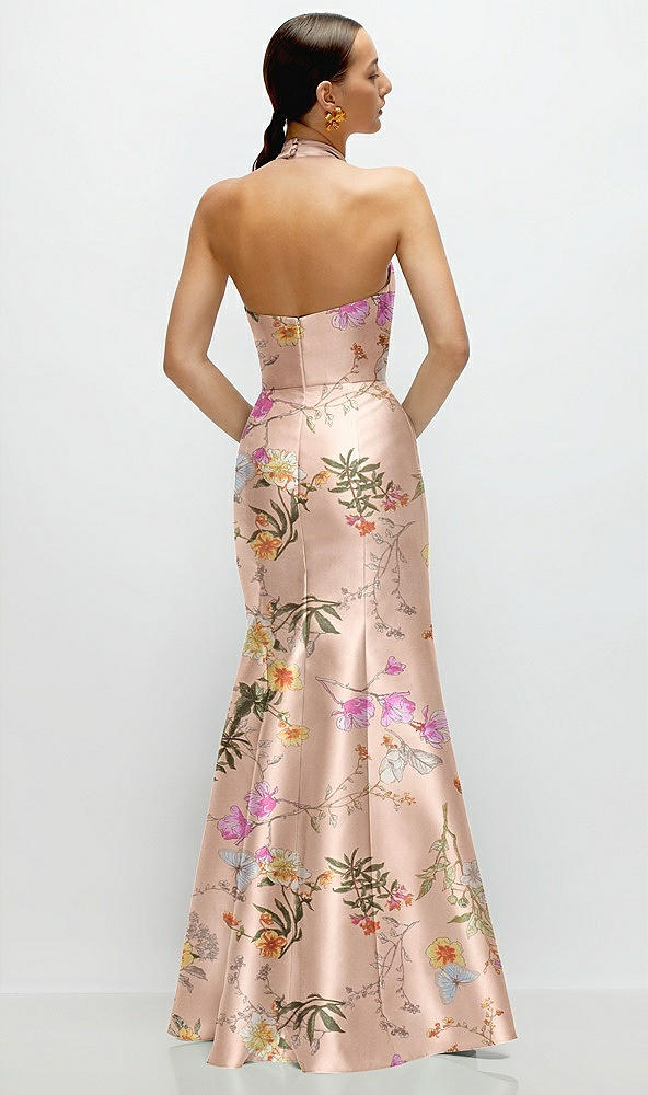Back View - Butterfly Botanica Pink Sand High-Neck Halter Open-Back Floral Satin Trumpet Dress