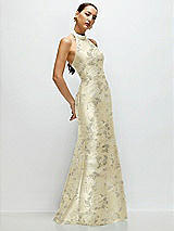 Side View Thumbnail - Butter Yellow Floral High-Neck Halter Open-Back Floral Satin Trumpet Dress 