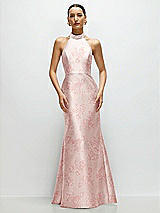 Front View Thumbnail - Bow And Blossom Print High-Neck Halter Open-Back Floral Satin Trumpet Dress