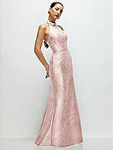 Side View Thumbnail - Bow And Blossom Print High-Neck Halter Open-Back Floral Satin Trumpet Dress