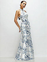 Side View Thumbnail - Cottage Rose Larkspur High-Neck Halter Open-Back Floral Satin Trumpet Dress