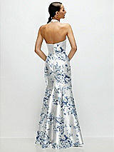Rear View Thumbnail - Cottage Rose Larkspur High-Neck Halter Open-Back Floral Satin Trumpet Dress