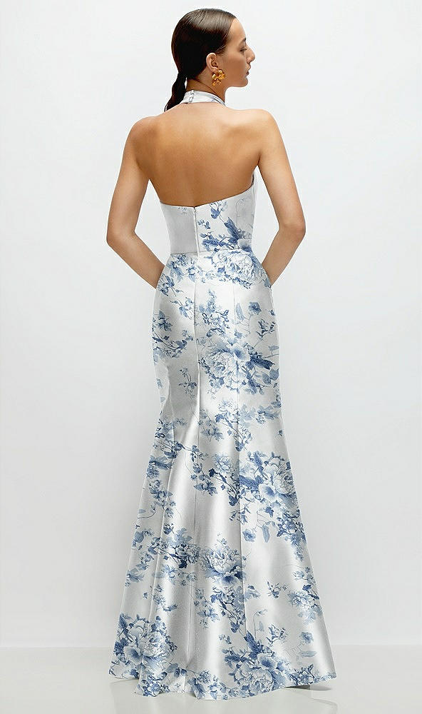 Back View - Cottage Rose Larkspur High-Neck Halter Open-Back Floral Satin Trumpet Dress