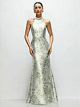 Front View Thumbnail - Sage Cottage Rose High-Neck Halter Open-Back Floral Satin Trumpet Dress