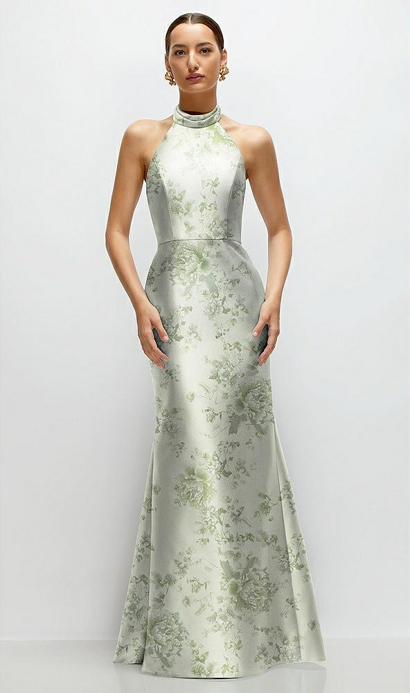 Front View - Sage Cottage Rose High-Neck Halter Open-Back Floral Satin Trumpet Dress