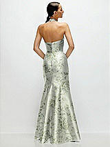 Rear View Thumbnail - Sage Cottage Rose High-Neck Halter Open-Back Floral Satin Trumpet Dress