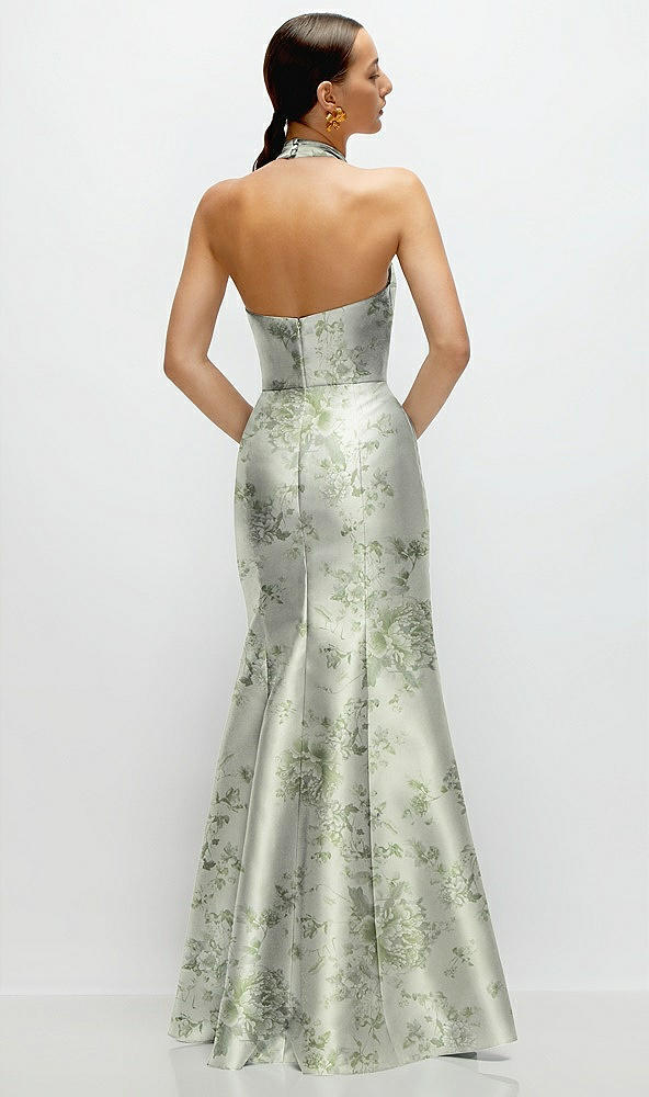 Back View - Sage Cottage Rose High-Neck Halter Open-Back Floral Satin Trumpet Dress