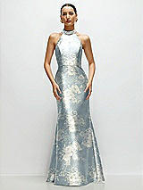 Front View Thumbnail - Porcelain Blue Seraphina Floral High-Neck Halter Open-Back Floral Satin Trumpet Dress