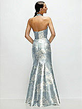 Rear View Thumbnail - Porcelain Blue Seraphina Floral High-Neck Halter Open-Back Floral Satin Trumpet Dress