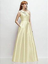 Side View Thumbnail - Butter Yellow One-Shoulder Full A-Line Satin Gown with Handworked Floral Appliqué