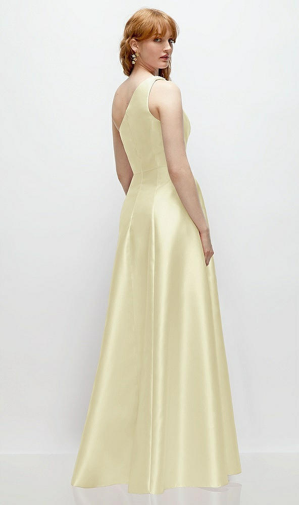 Back View - Butter Yellow One-Shoulder Full A-Line Satin Gown with Handworked Floral Appliqué