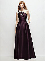 Front View Thumbnail - Deep Plum One-Shoulder Full A-Line Satin Gown with Handworked Floral Appliqué