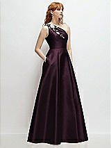 Side View Thumbnail - Deep Plum One-Shoulder Full A-Line Satin Gown with Handworked Floral Appliqué