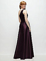 Rear View Thumbnail - Deep Plum One-Shoulder Full A-Line Satin Gown with Handworked Floral Appliqué