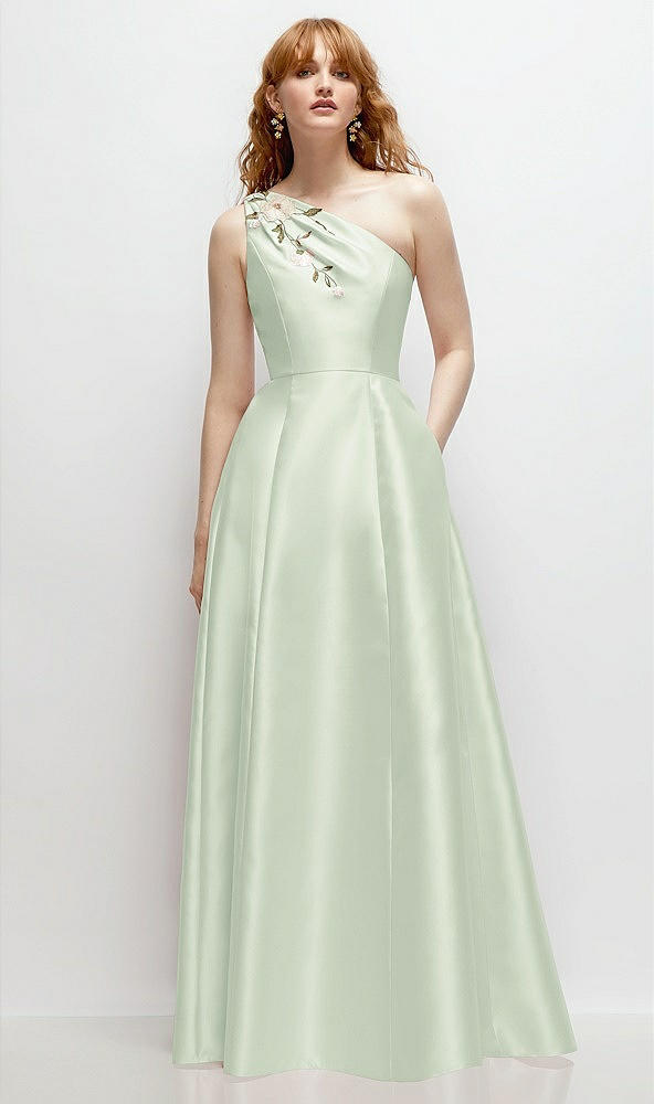Front View - Mint Green One-Shoulder Full A-Line Satin Gown with Handworked Floral Appliqué