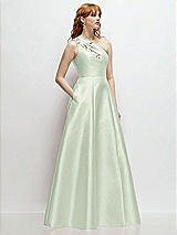 Side View Thumbnail - Mint Green One-Shoulder Full A-Line Satin Gown with Handworked Floral Appliqué