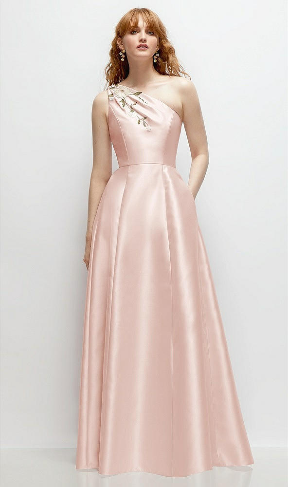 Front View - Blush One-Shoulder Full A-Line Satin Gown with Handworked Floral Appliqué
