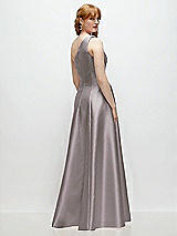 Rear View Thumbnail - Cashmere Gray One-Shoulder Full A-Line Satin Gown with Handworked Floral Appliqué