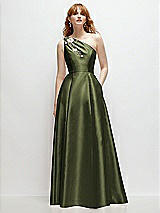 Front View Thumbnail - Olive Green One-Shoulder Full A-Line Satin Gown with Handworked Floral Appliqué