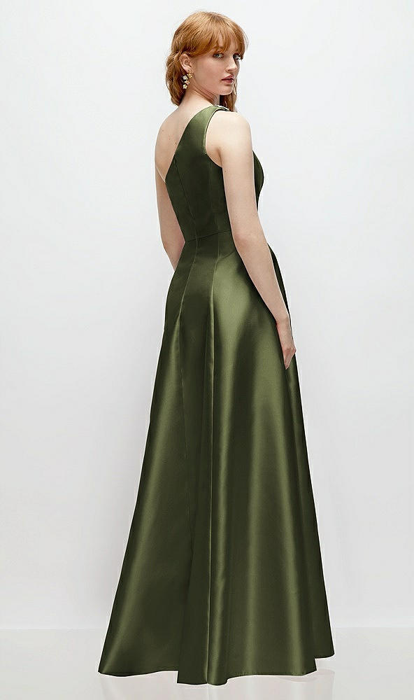 Back View - Olive Green One-Shoulder Full A-Line Satin Gown with Handworked Floral Appliqué