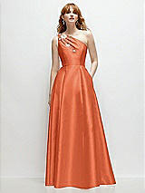 Front View Thumbnail - Portofino Orange One-Shoulder Full A-Line Satin Gown with Handworked Floral Appliqué