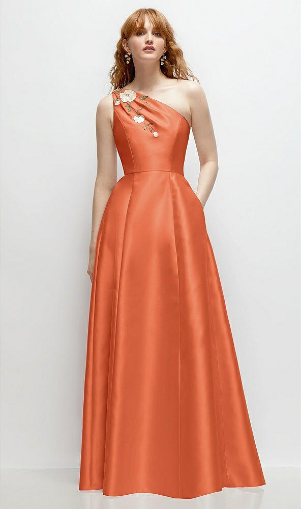 Front View - Portofino Orange One-Shoulder Full A-Line Satin Gown with Handworked Floral Appliqué