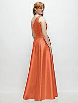 Rear View Thumbnail - Portofino Orange One-Shoulder Full A-Line Satin Gown with Handworked Floral Appliqué