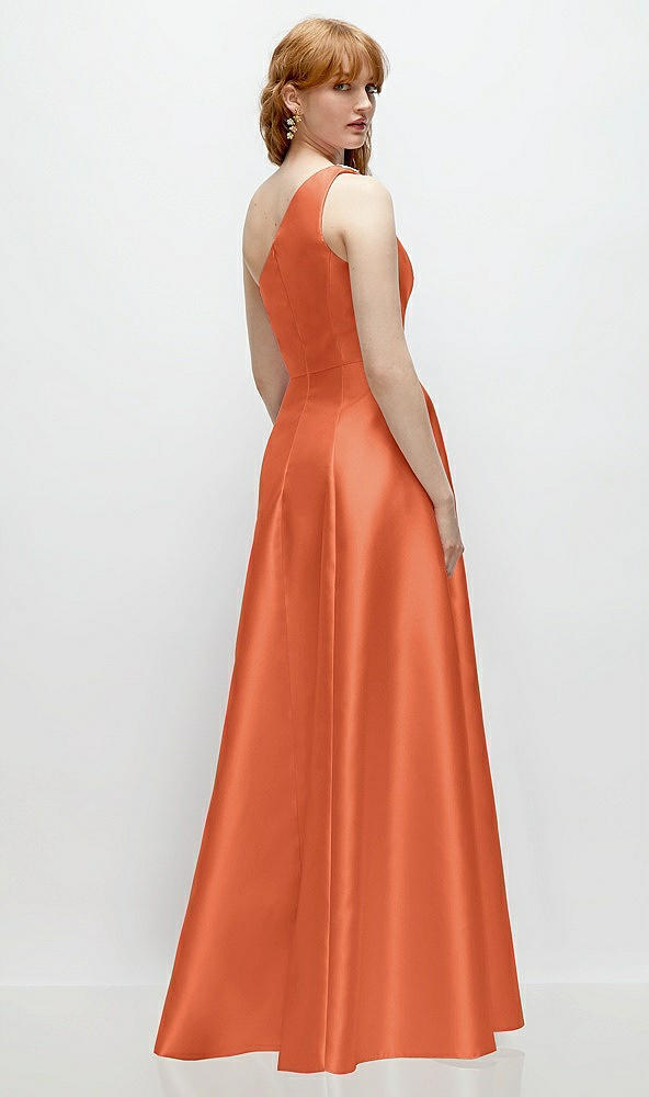 Back View - Portofino Orange One-Shoulder Full A-Line Satin Gown with Handworked Floral Appliqué