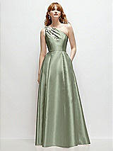 Front View Thumbnail - Sage One-Shoulder Full A-Line Satin Gown with Handworked Floral Appliqué