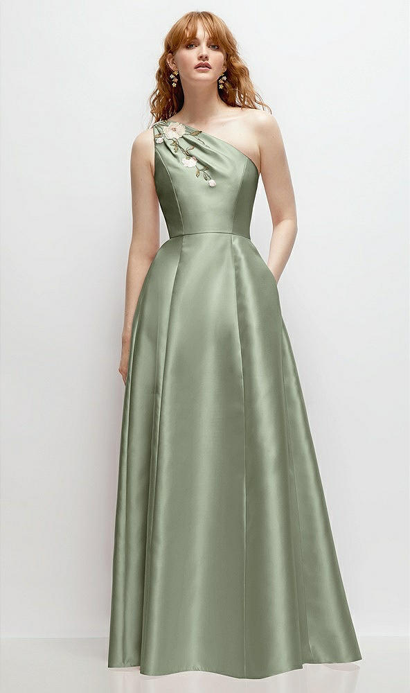 Front View - Sage One-Shoulder Full A-Line Satin Gown with Handworked Floral Appliqué