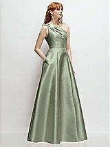 Side View Thumbnail - Sage One-Shoulder Full A-Line Satin Gown with Handworked Floral Appliqué