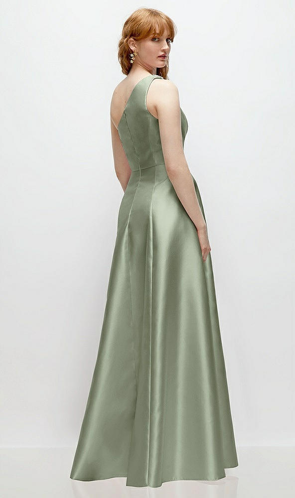 Back View - Sage One-Shoulder Full A-Line Satin Gown with Handworked Floral Appliqué