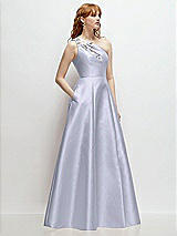 Side View Thumbnail - Silver Dove One-Shoulder Full A-Line Satin Gown with Handworked Floral Appliqué