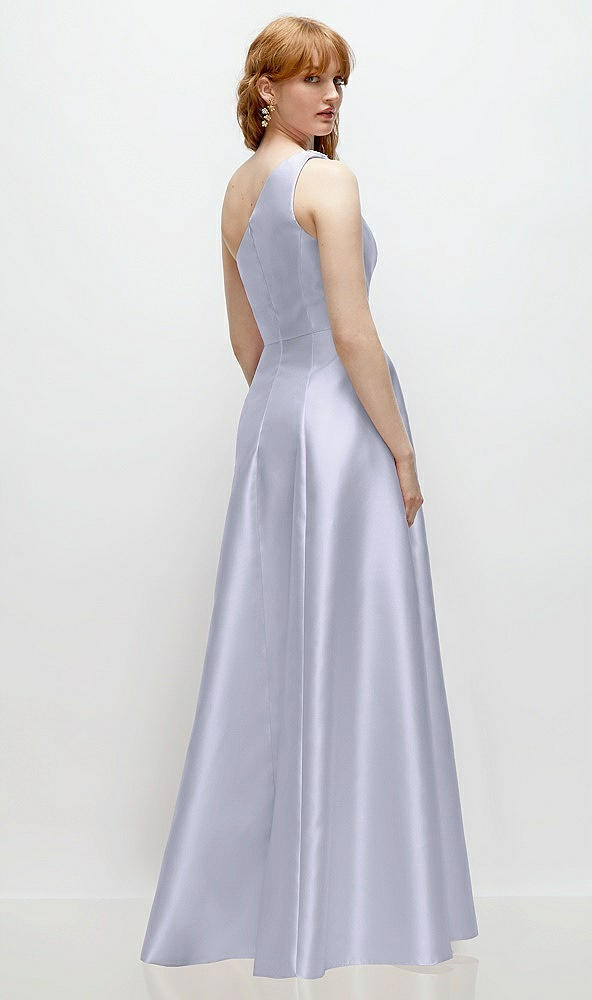 Back View - Silver Dove One-Shoulder Full A-Line Satin Gown with Handworked Floral Appliqué