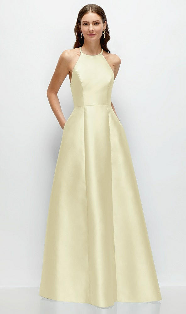 Front View - Butter Yellow Jewel Neck Halter Full A-Line Satin Maxi Dress