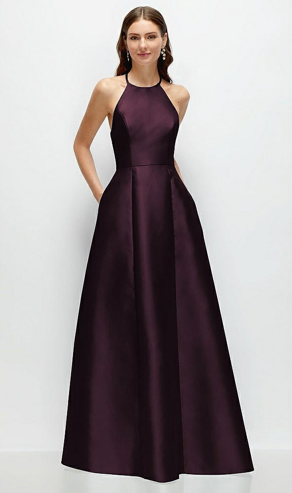 Front View - Deep Plum Jewel Neck Halter Full A-Line Satin Maxi Dress