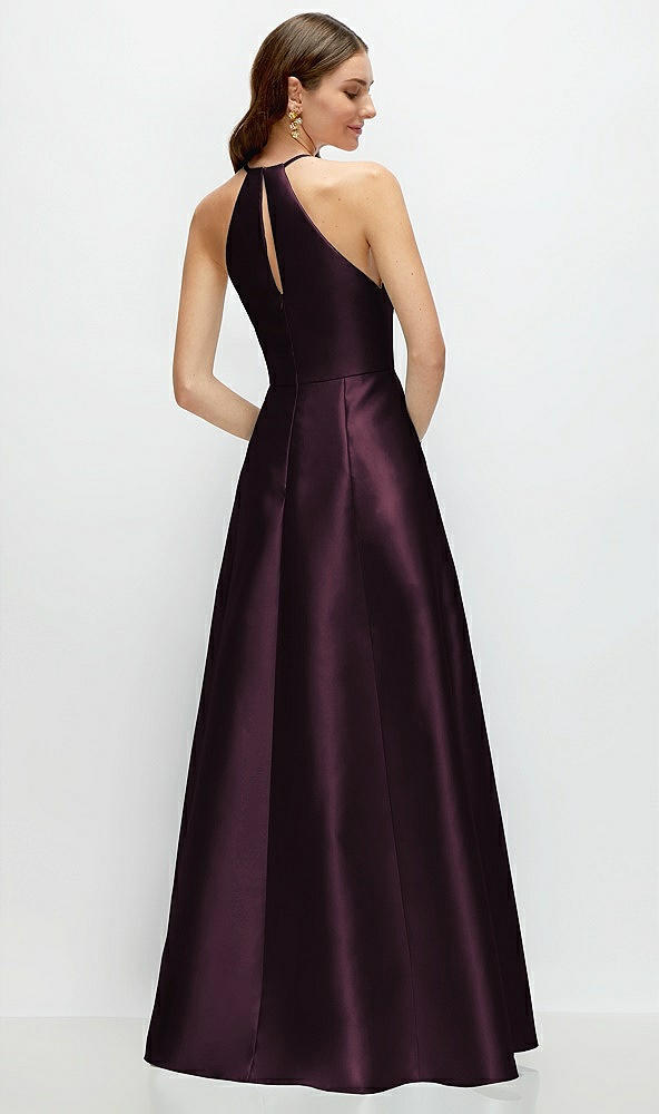 Back View - Deep Plum Jewel Neck Halter Full A-Line Satin Maxi Dress