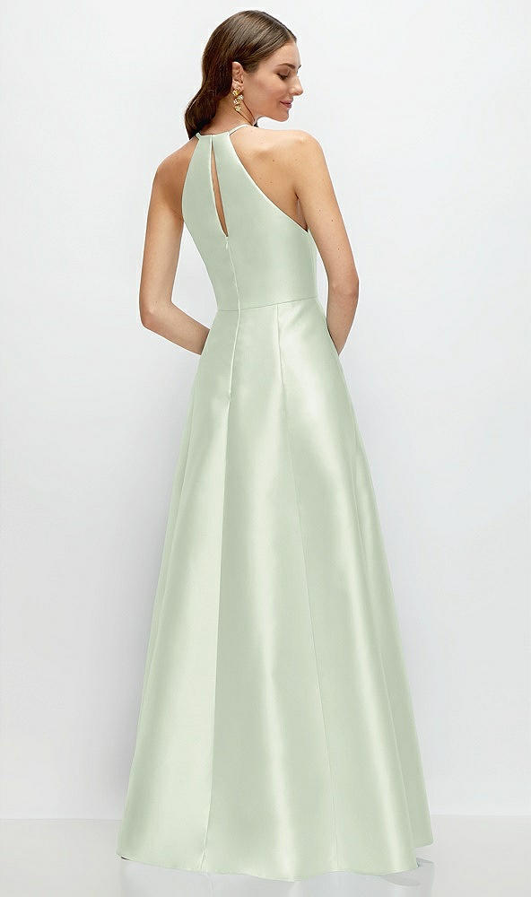 Back View - Mint Green Jewel Neck Halter Full A-Line Satin Maxi Dress
