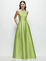 Front View Thumbnail - Mojito Jewel Neck Halter Full A-Line Satin Maxi Dress